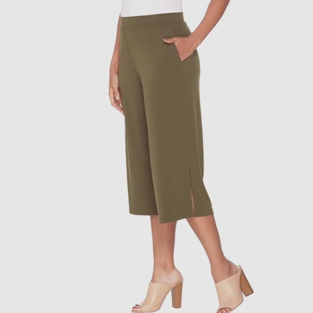 Susan Graver Olive Green Cropped Wide-Leg Ponte Pants